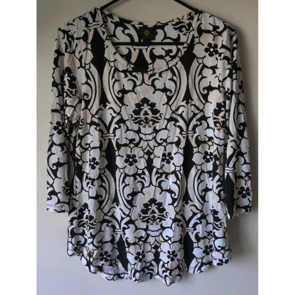 JM Collection Women's XS Tunic Black/White‎ Geometric Floral Pattern 3/4 Sleeve